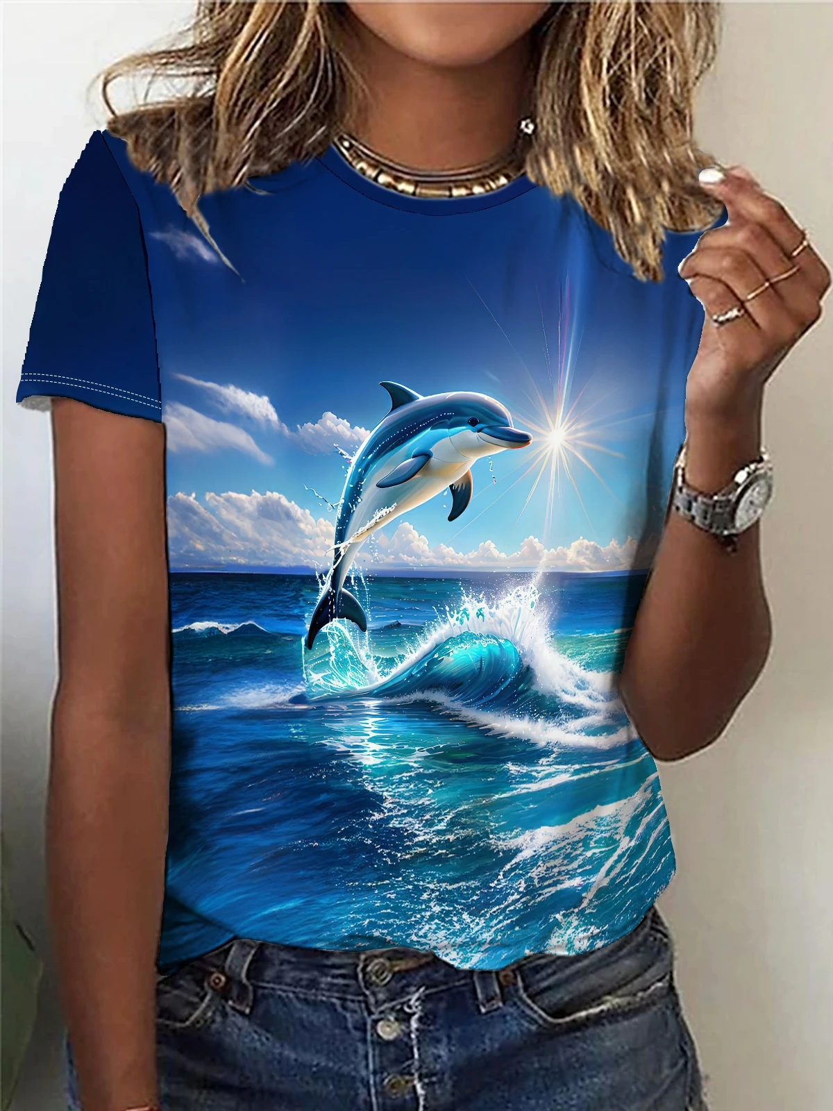 Dolphin Print Crew Neck T-Shirt, Casual Short Sleeve Top For Spring & Summer, Women's Clothing