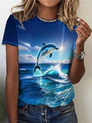 Dolphin Print Crew Neck T-Shirt, Casual Short Sleeve Top For Spring & Summer, Women's Clothing