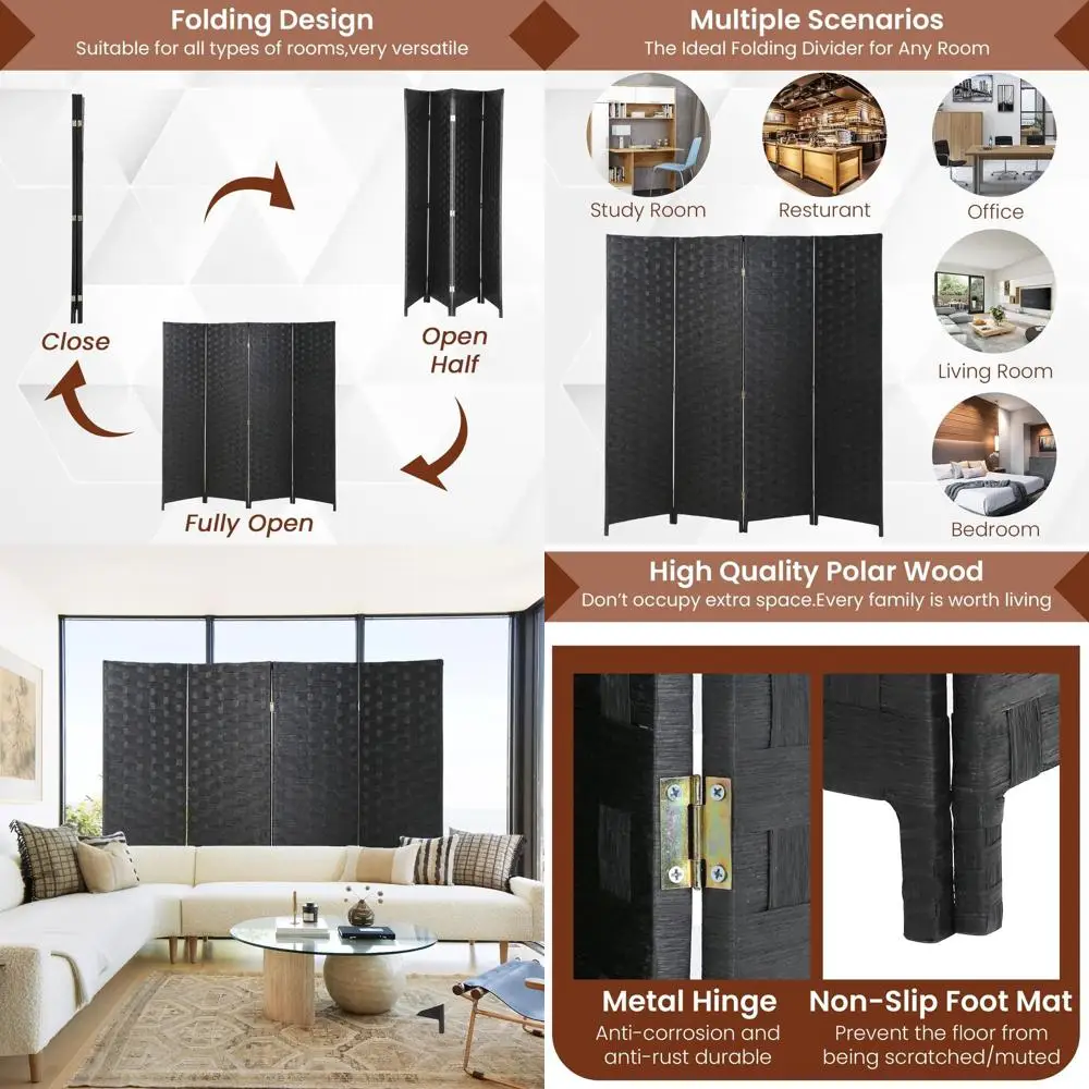 

4-Panel Wooden Mesh Room Divider for Indoor Use - Portable and Folding Partition in Black