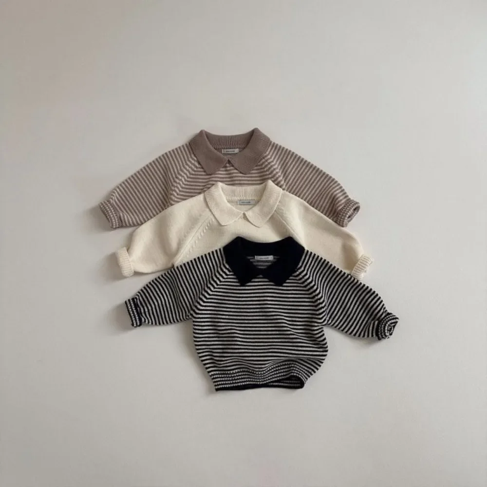 Boys Sweater 2027 Korean Baby Sweater Autumn Lapel Stripe Baby Boy's Knitted Sweater 1-7Year Kid's Pullover Tops