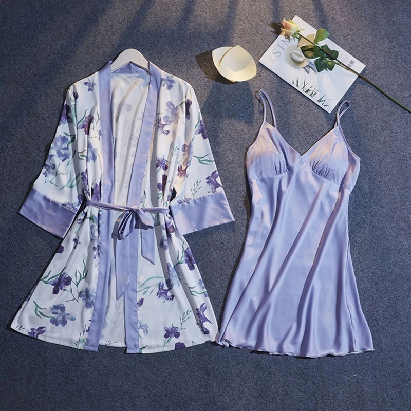 Floral Print Women Summer Pajamas Half Sleeve Belt Cardigan Chest Padded Slip Dress 2 Piece Set Women Outfits Chic Homewear Suit