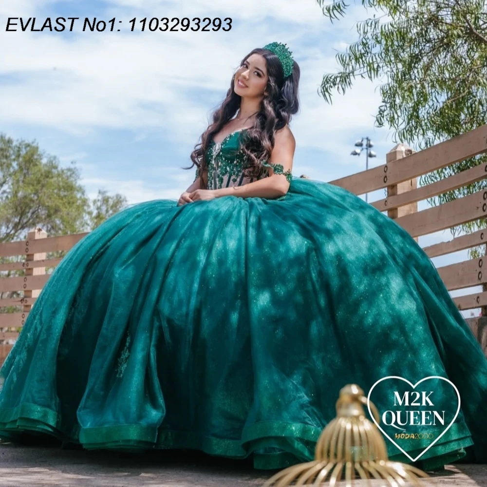 

EVLAST блестящее зеленое платье Quinceanera по индивидуальному заказу, бальное платье с блестящей кружевной аппликацией и бисером, накидка Sweet 16, Vestidos De 15 Anos E1QN414