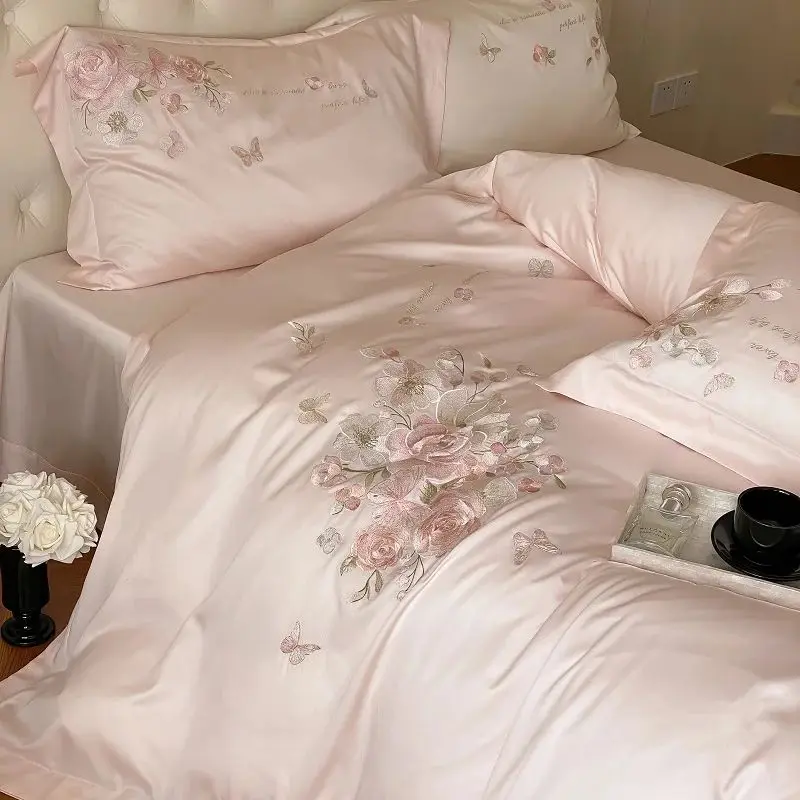 4Pcs Luxury Flowers Butterfly Embroidery Bedding Set 1000TC Egyptian Cotton Duvet Cover Set Bed Sheet/Fitted Sheet Pillowcases