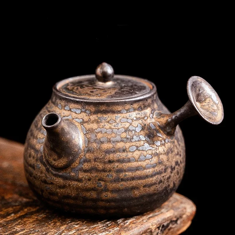 Old Rock Mud Rough Pottery  Tea Pot Retro Black gold Teapot  Kettle  Ceremony Making Single Pot Ceremony