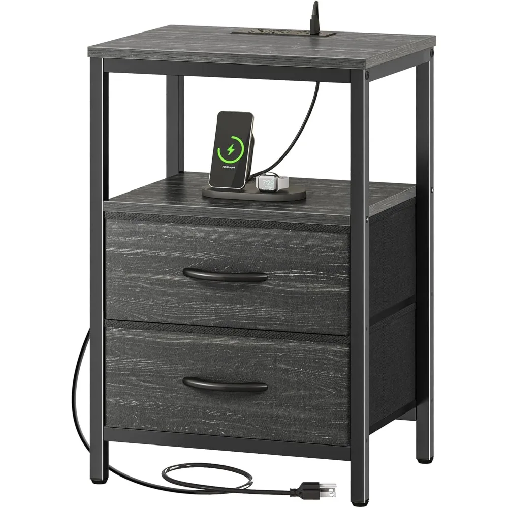 

Nightstand W Charging Station,Side Table W Fabric Drawers,End Table with Open Shelf,Bedside Table W USB Ports and Outlets