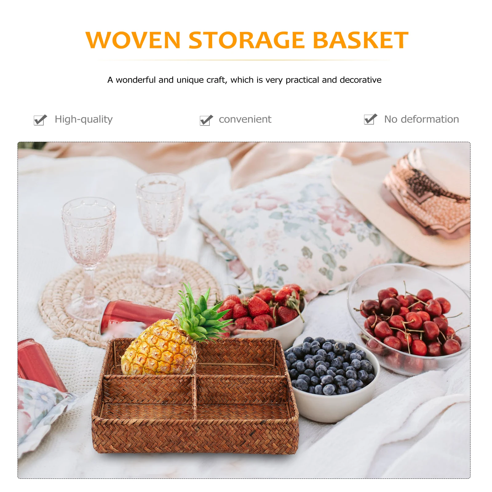

Four-Compartment Woven For Tea Table Fruit Makeup Organizer Home Decorative Compartment Storage Basket Multi-Purpose Household