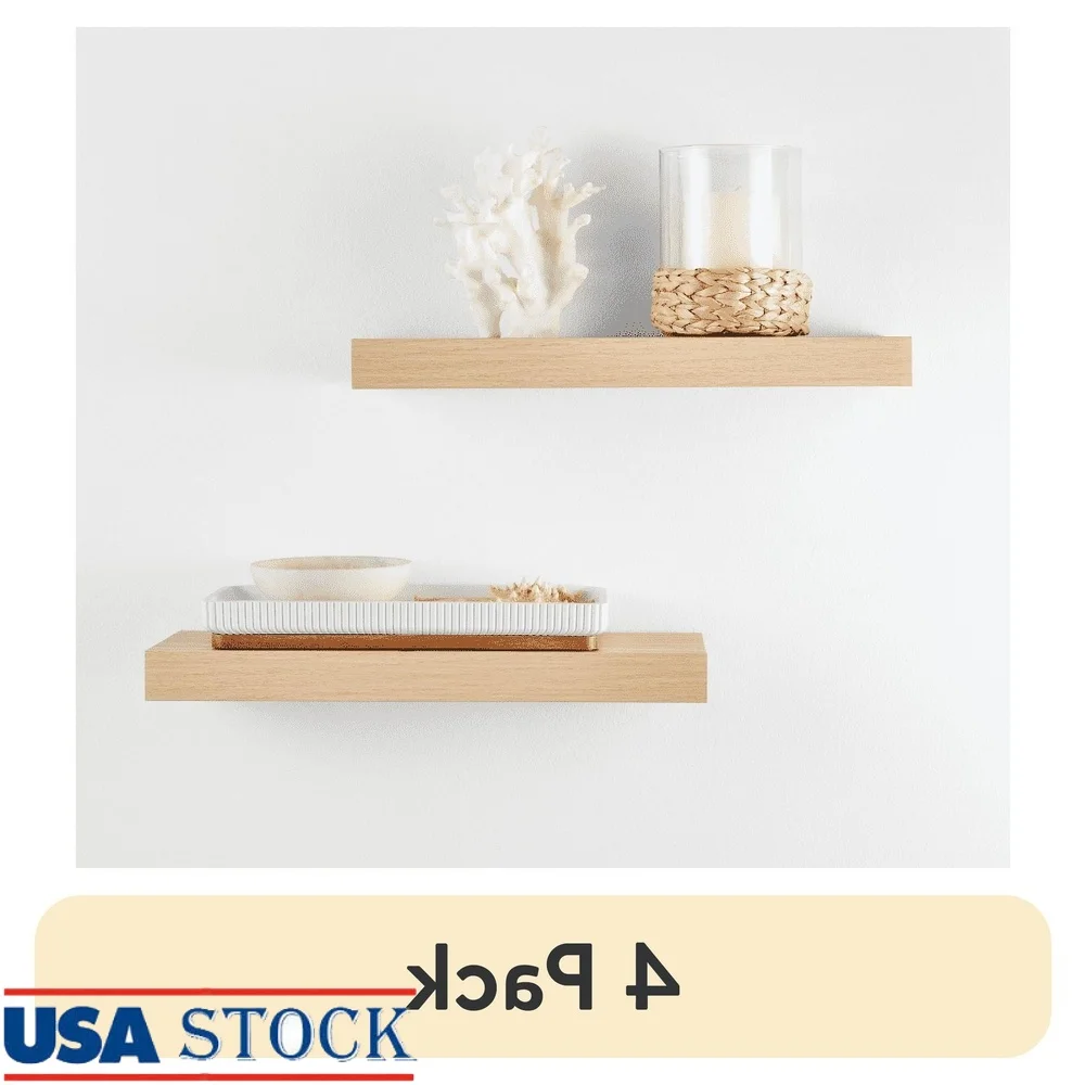 

4 Pack Natural Wood Floating Shelves Set Home Office Display Books Plants Collectables Wall Mounting Hardware Included