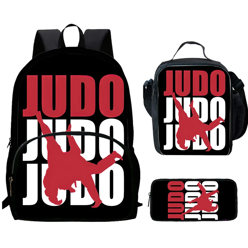 Cartoon-Judo-Kinderrucksack mit Vordertasche, Lunchtaschen, Bleistifttaschen für 5–10 Jahre, Kinder-Büchertasche, Schultaschen für Jungen und Mädchen