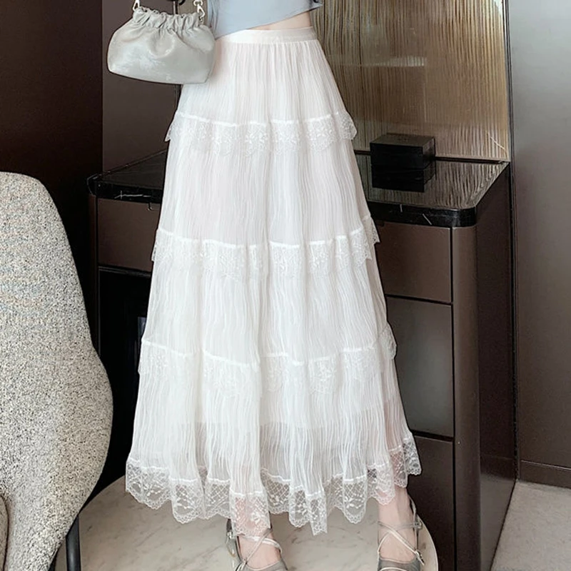 White Chiffon Lace Party Long Skirt Women Fashion Ruffle A-line Work Beach Wedding Pleated Skirt