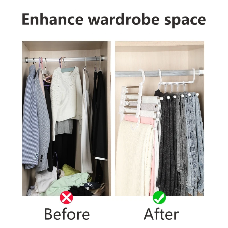 Stainless Steel Hangers Storage Tie Clips Multi-function 5 Layers Clothes Pants Rack Jeans Drying Rack Double Hooks Save Space