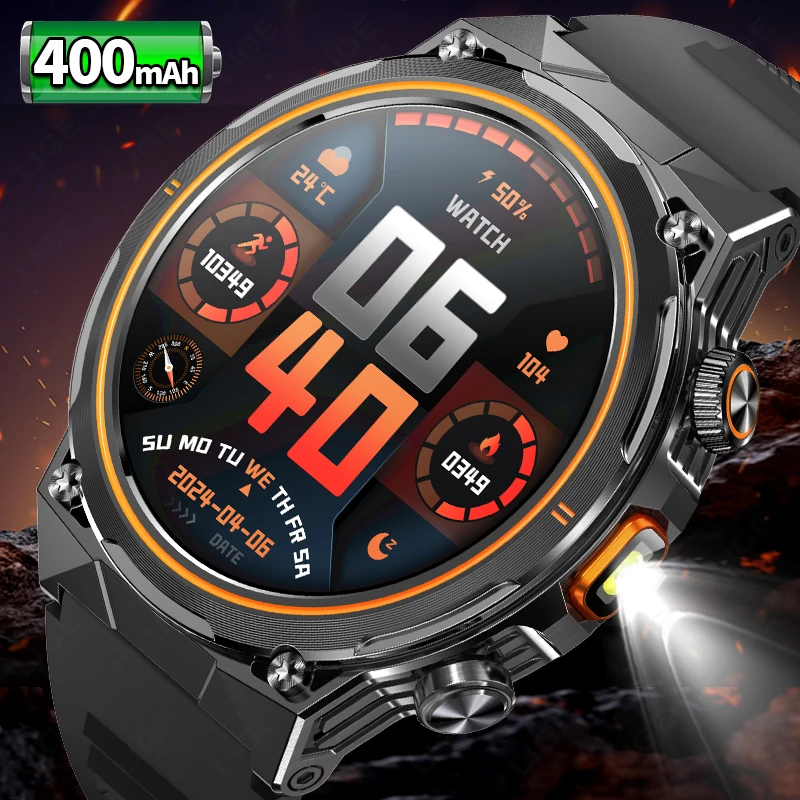 

2026 Smart Watch Flashlight 1.46inch Men Outdoors Sports Fitness Tracker 400mah Large Battery BT Calling LED Light Smartwatches