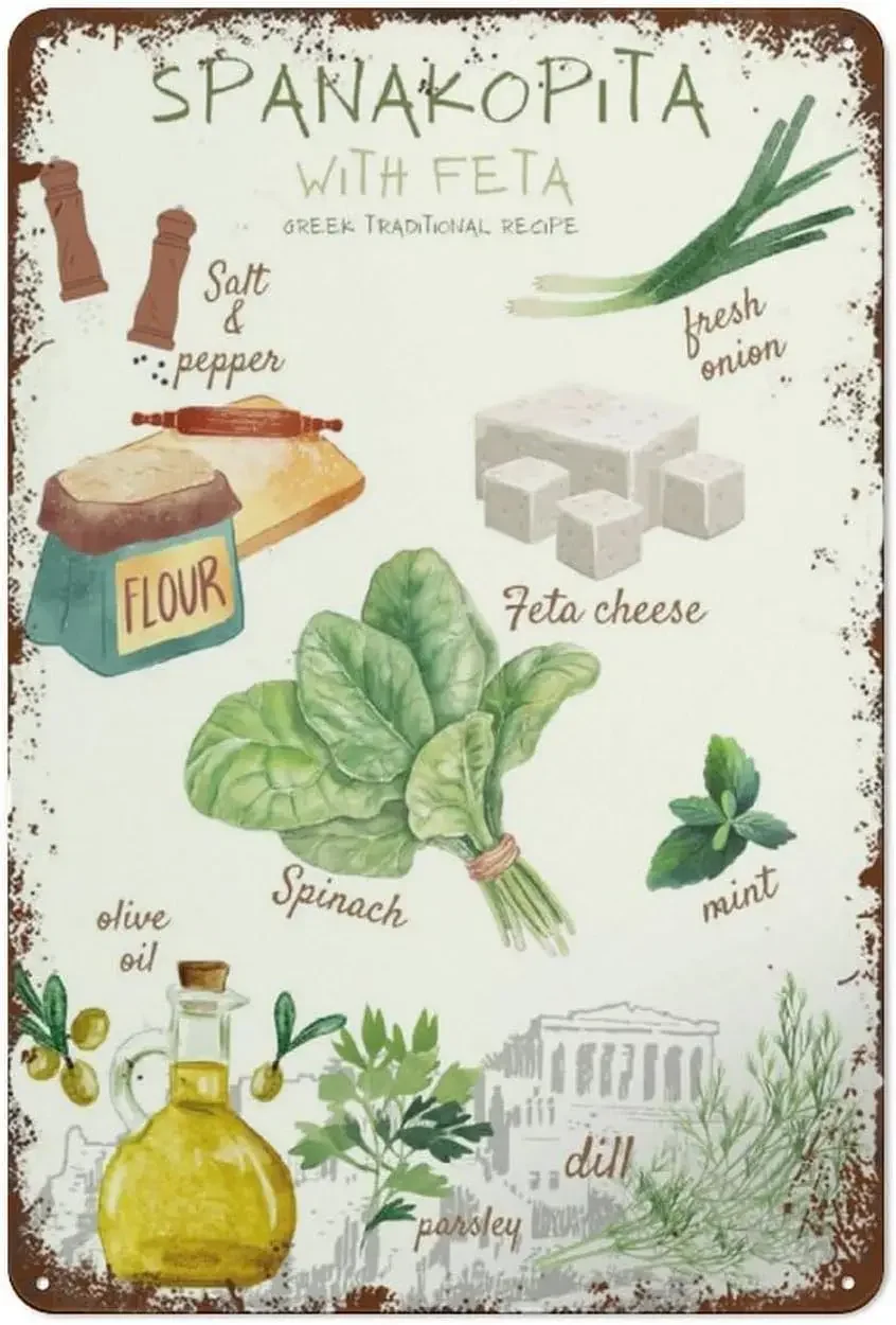 Y1,Vintage Tin Sign Greek Feta Recipe Kitchen Art Poster Funny Metal Wall Decor for Home Front Door Indoor Outdoor Christma