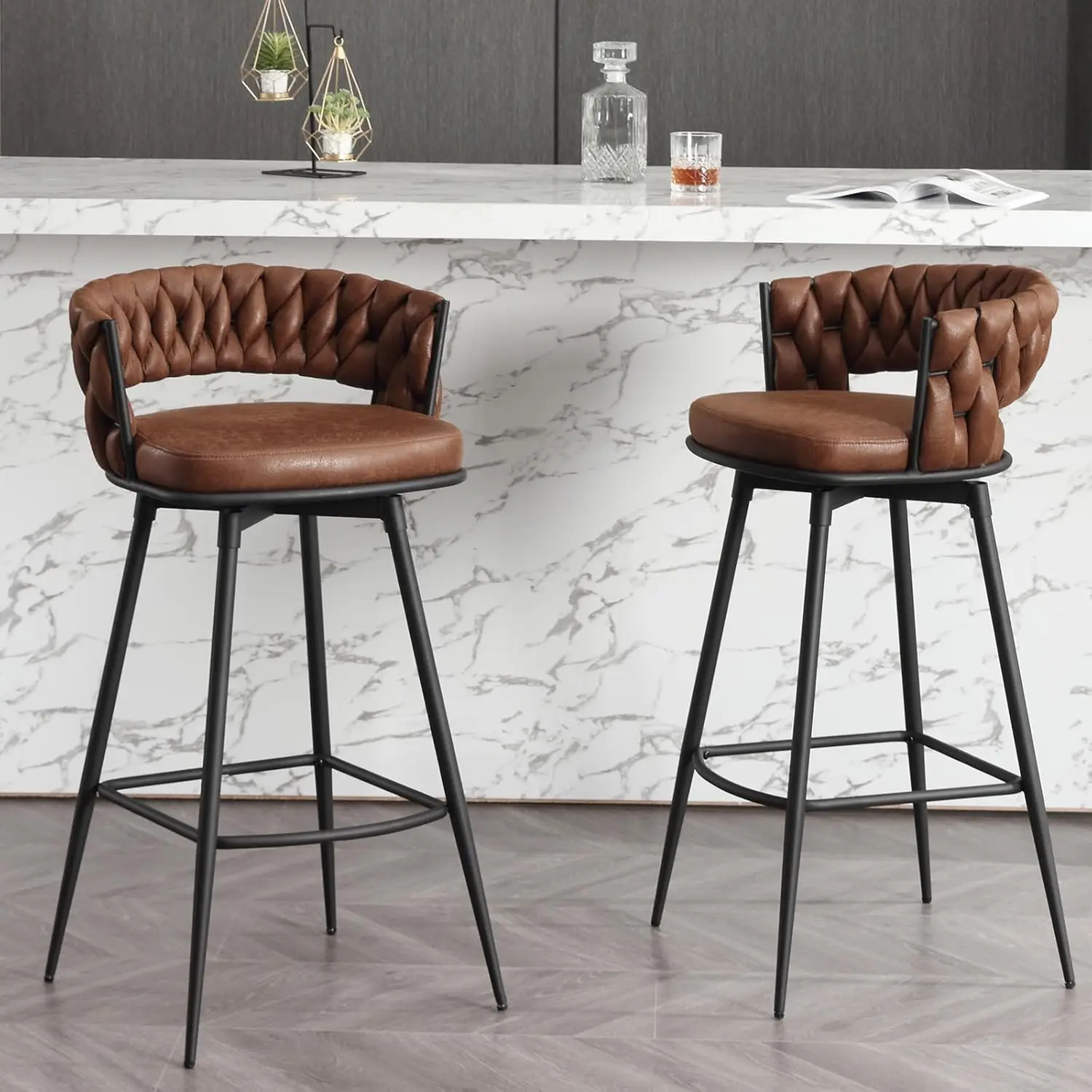 

Modern Bar Stools Set of 2, 30" Bar Height Barstools, 180° Swivel Suede Fabric Stool Chairs with Woven Back and Footrest for