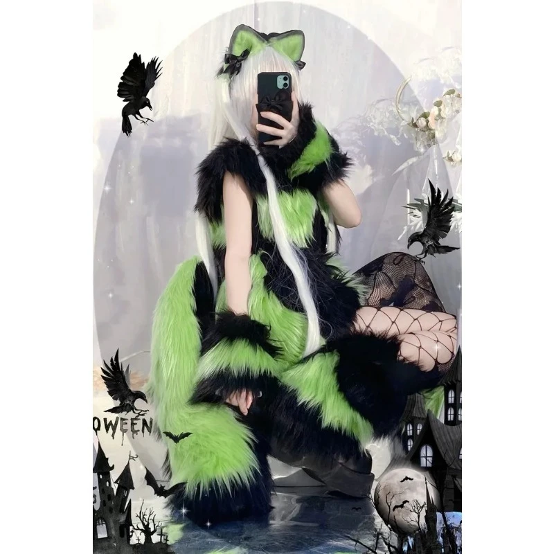 Kawaii Japanese Fluffy Animal Ears Headband Tail Set Fox Cosplay KC Hair Clip Cos Costume for Women Carnival Party Outfit