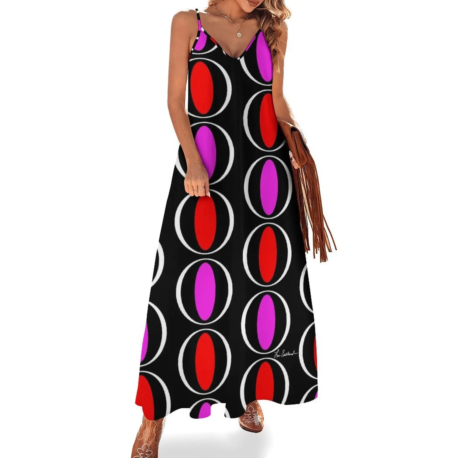 

Red Pink Mod Circles Sleeveless Long Dress Party dresses for women summer dress Dress