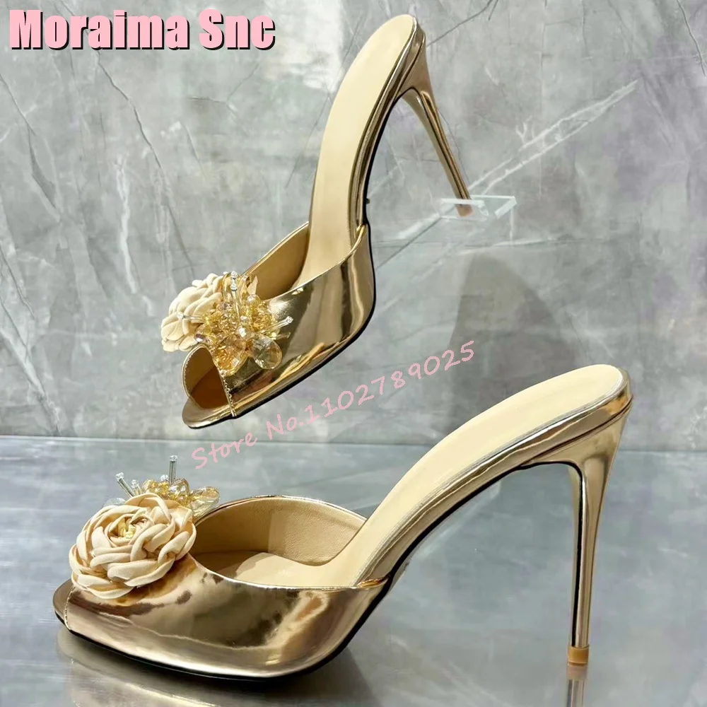 

Luxury Crystal Flower Bling Peep Toe Slippers Stiletto High Heel Slip On Sexy Golden Solid Fashion Women Shoes Summer 2024 New