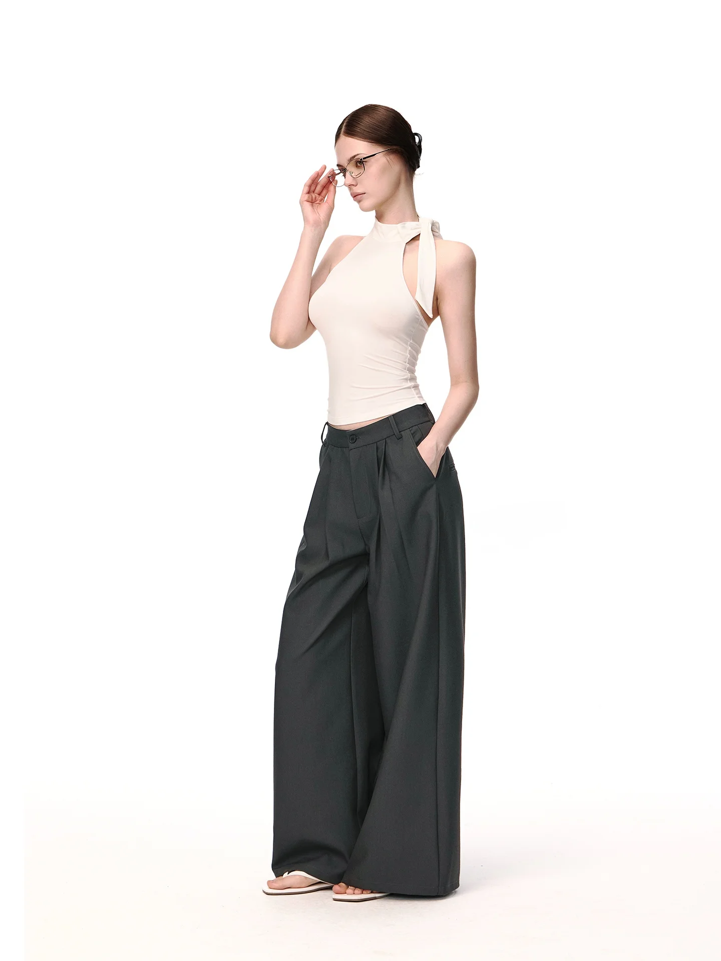 JLAUNT American Retro Wide Leg Suit Pants Women Loose Lazy Drapey Casual Straight Long Pants Sexy Girl Leisure Trousers