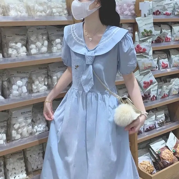 plus Size Navy Collar Dr Women Summer 300 Pou Waist Cinching Slimming Gentle First Love Long Dr Commute Sle High W...