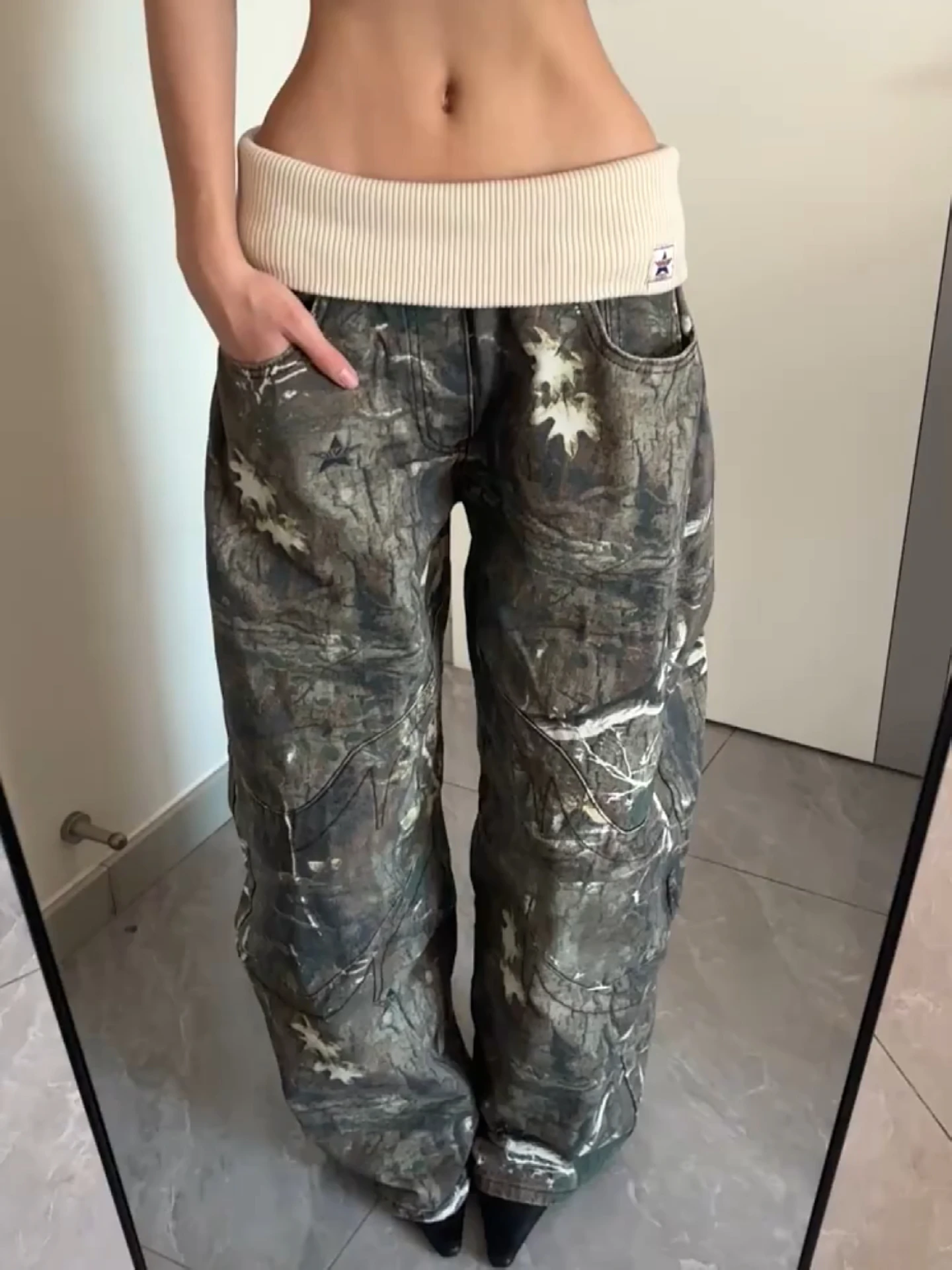 

plus Size American Retro Camouflage Hemmed Ribbed Patchwork Waist Denim Jeans Women Loose Straight Leg Slimming Long Trousers