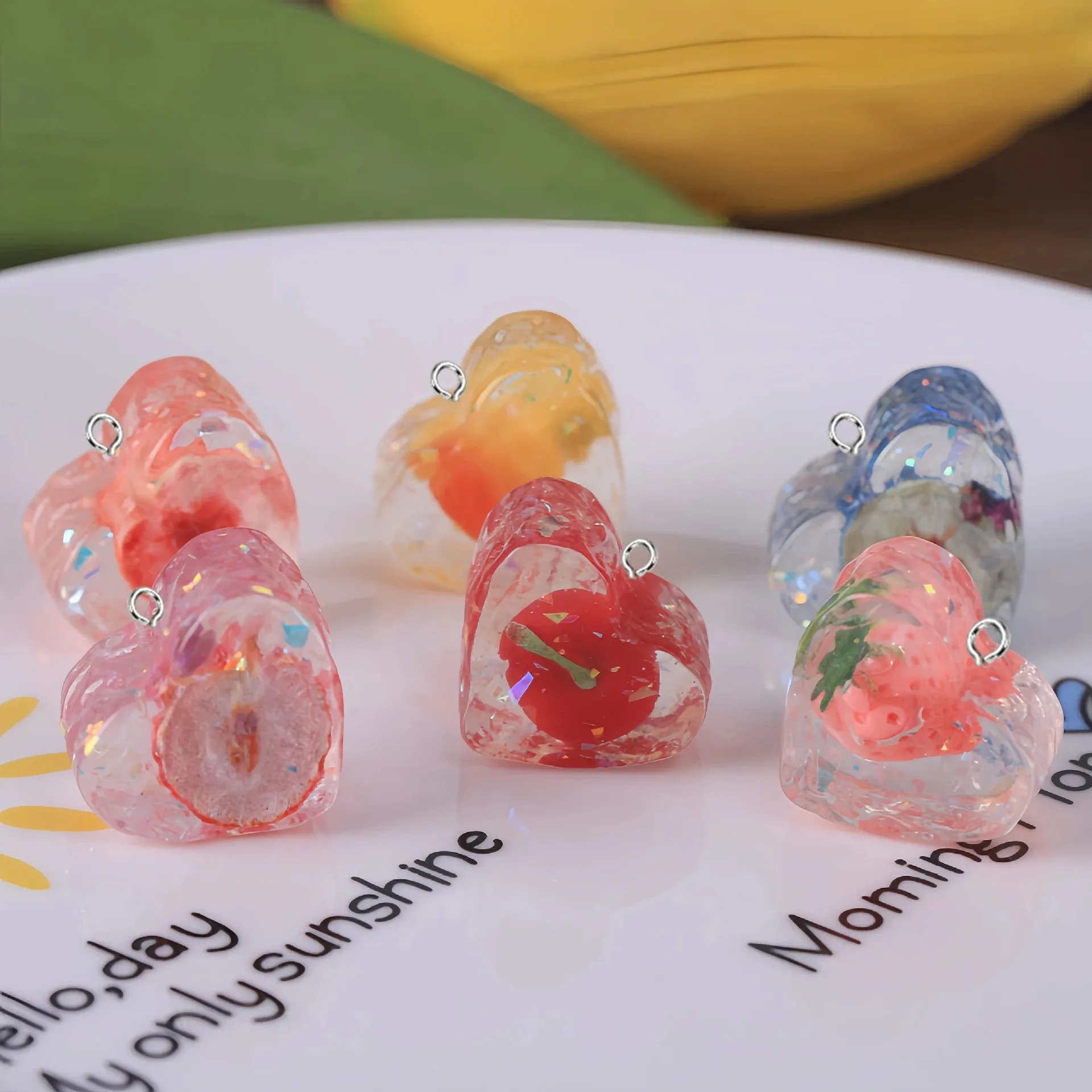 10Pcs Resin Cherry Heart Ice Cube Charms With Embedded Sequins Fruit Heart Pendants DIY Keychain Phone Strap Jewelry Accessories