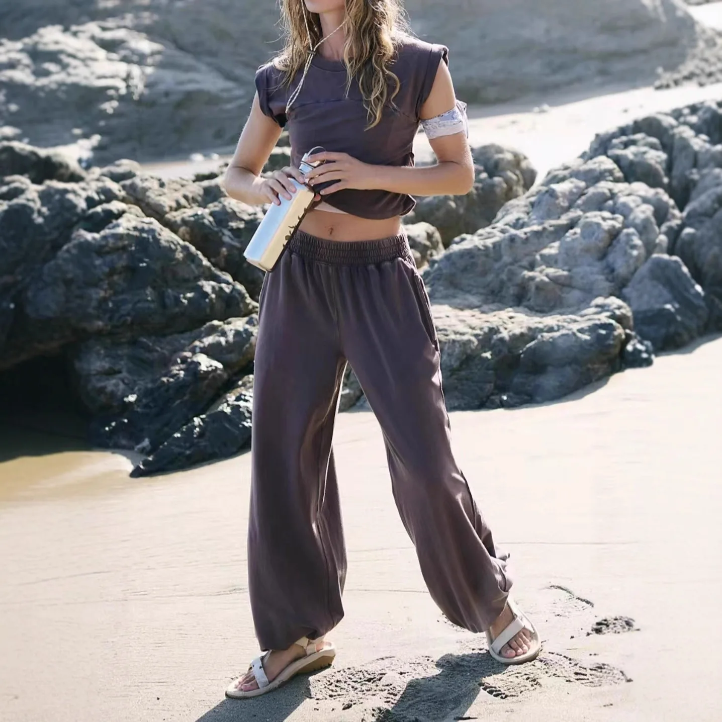 Washed Sleeveless Top And Wide Leg Pants Set For Women Round Neck Two Piece Loose Fit Casual Autumn Tracksuit