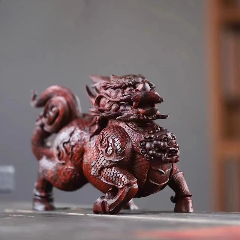 Red sandalwood carving mythical beast unicorn study tea table living room entrance ornament