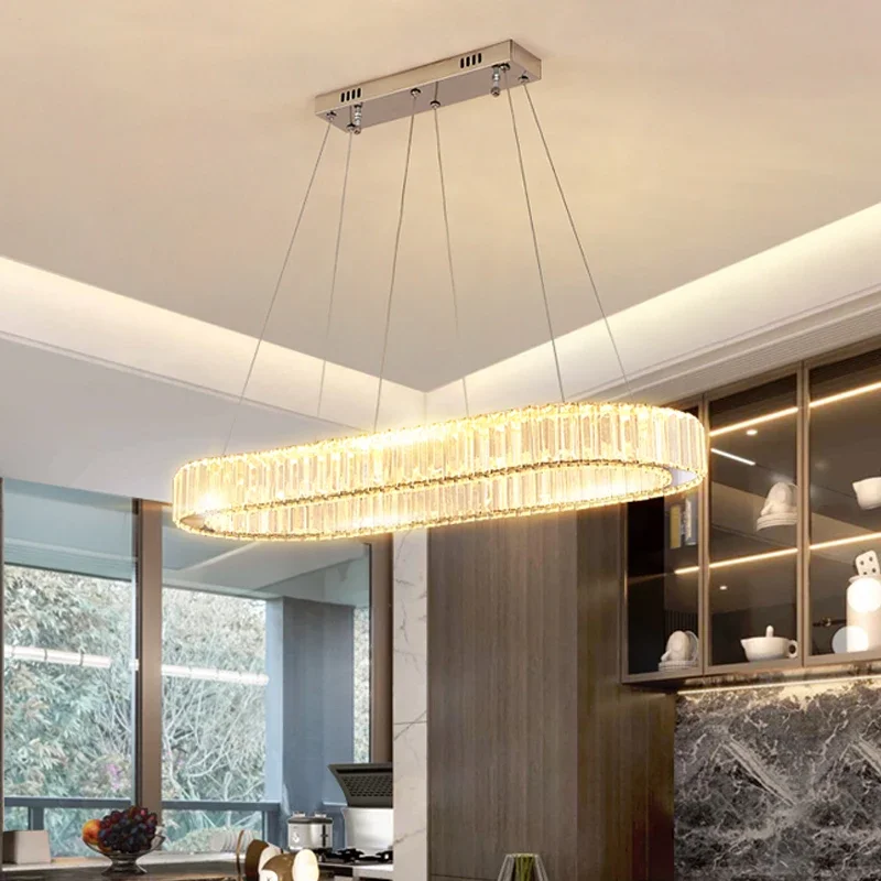 Moderno teto dourado oval led lustre de luxo k9 lustre cristal placa aço sala estar simples lustre iluminação fixtur