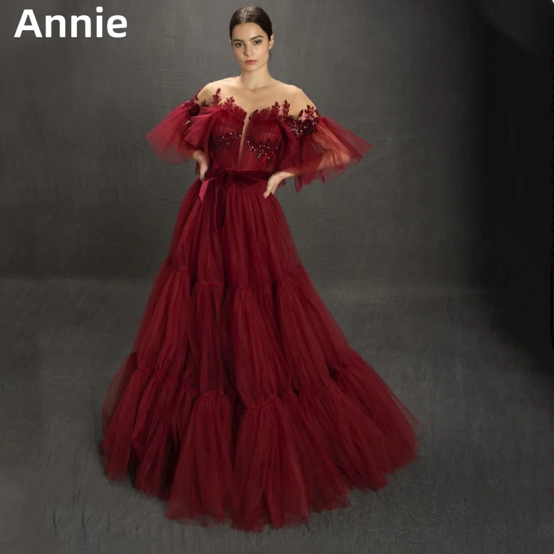 

Jessica Red Prom Dresses Tulle Puff Sleeves Graduate Prom Dress Princess Wedding Dress Party Dresses 2024Vestidos De Noche