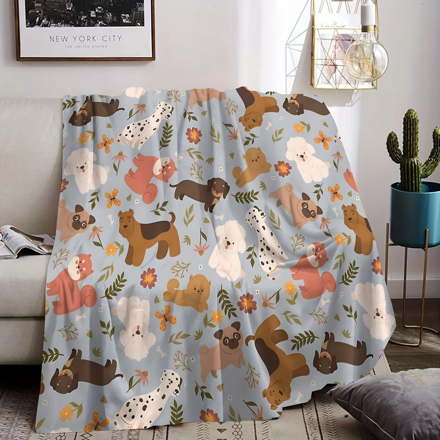 Hand Drawn Pug Dalmatian Teddy Dog Wildflower Plant All Over Pattern Soft Blanket For Bed Travel Indoor Outdoor Relaxation