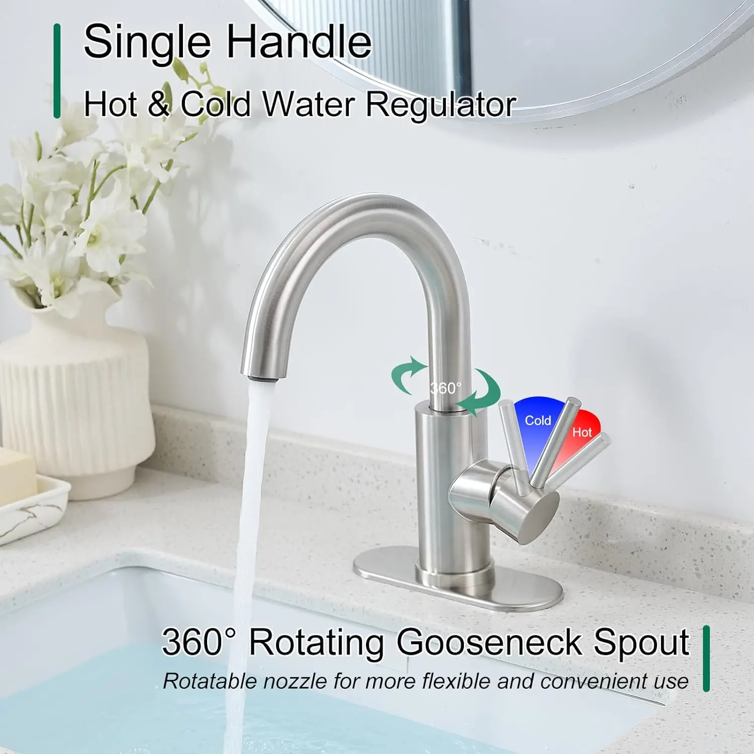 Bar Sink Faucet, Bathroom Kitchen 360° Rotatable Faucet, Brushed Nickel Single Hole Bathroom Faucets Modern Small Mini Kit