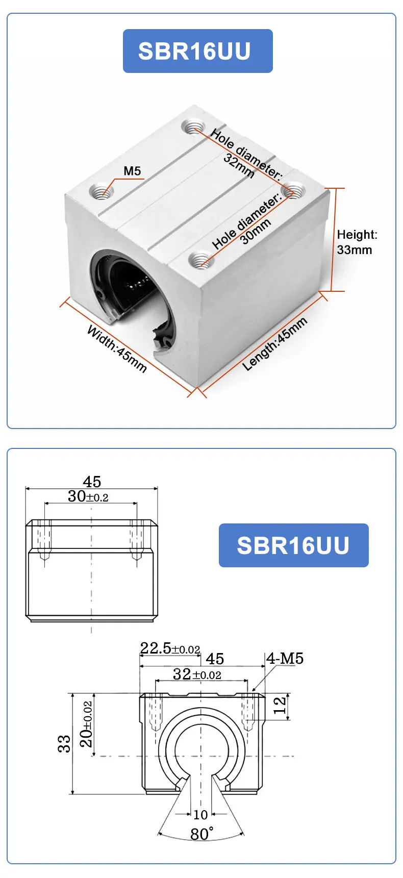 1 Stück SBR16/20UU Aluminiumblock 20mm Linearführungskugellager Gleitblock Passend für SBR20 Linearführungsschiene – Detail 11