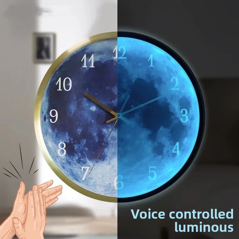 

Blue Starry Sky Glass Wall Clock, Living Room Silent Night Light Sound Control Wall Decor Quartz Clock