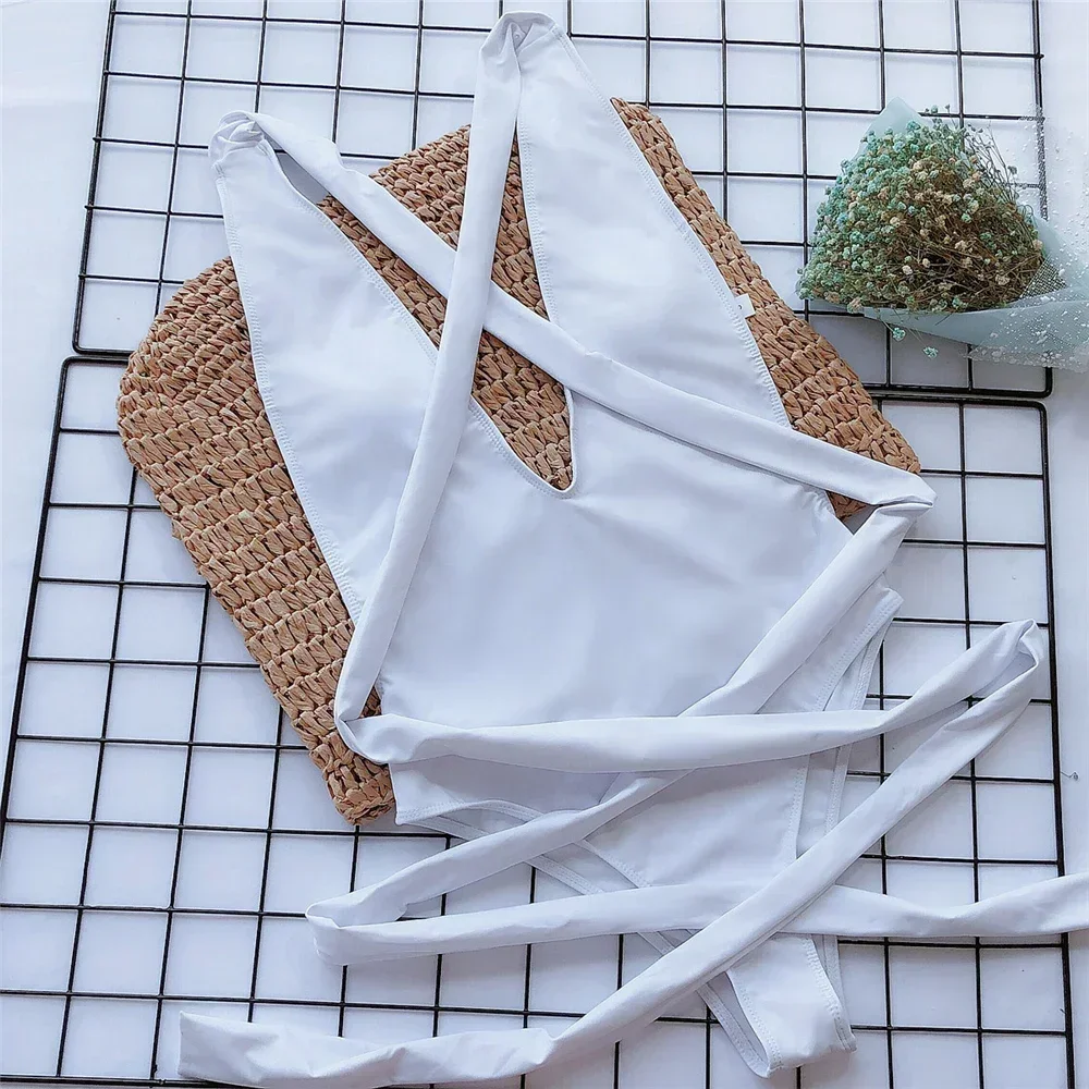 Sexy Red Cross Bandage Backless Swimwear One Piece Swimsuits Woman 2025 Knotted Straps Swimming Bathings Suit V Neck Bodysuits