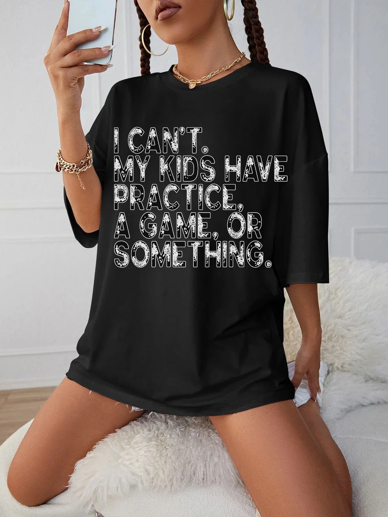 

I Can't My Kids Have Practice Winter Maternity T-Shirt Women's Black Round Neck Loose Fit Ideal for Late Pregnancy