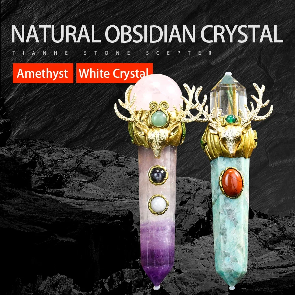 1PC Handmade Retro Crystal Hexagonal Column Herkimer Diamond Elk Head Staff Home Desktop Decor Activities Cosply Hand-held Staff
