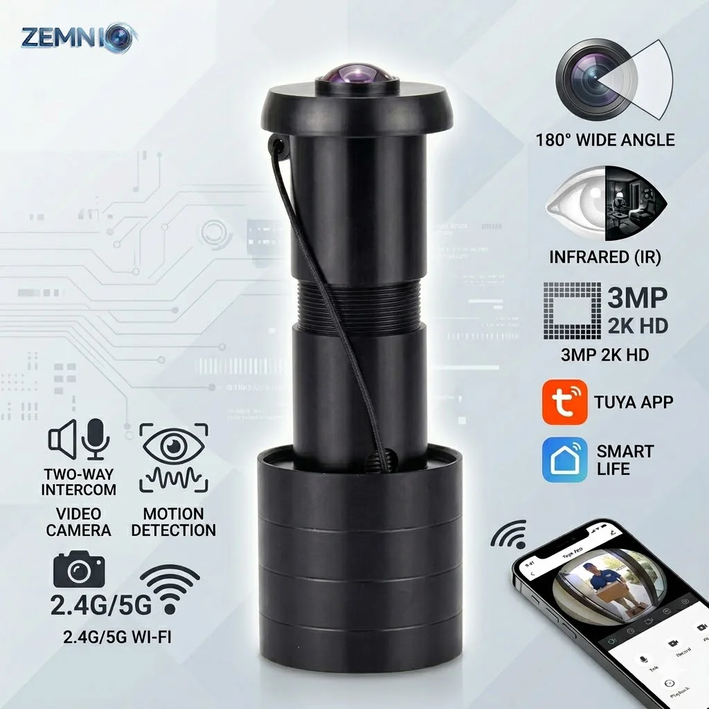 Tuya/Smart Life 180° Night Vision 3MP 2K HD Smart Peephole Camera, 2-Way Intercom, Motion Detector, 2.4G/5G, EU/US/UK/AU Plug