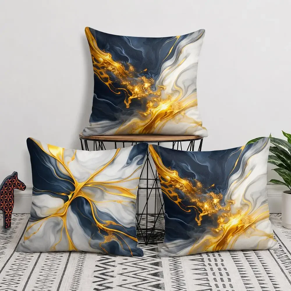 Blue Gold Fluid Painting Cushion Cover Natural Linen Organic Fabric Double-Sided Printing Sofa Home Decor Gift Pillow Cover