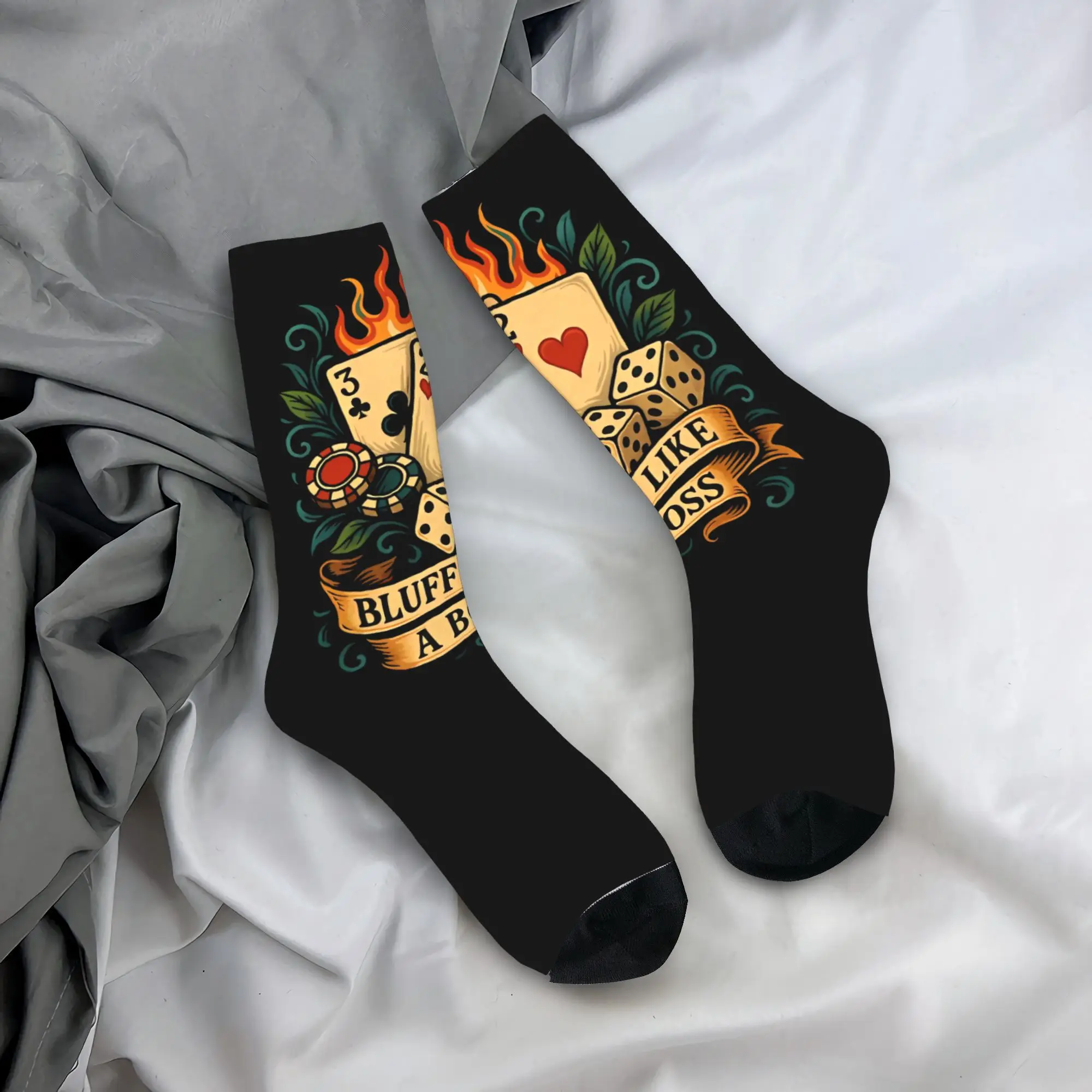 

Bluff Like a Boss Neo Traditional Poker Tattoo Socks Poker And Dice Funny Stockings Men Running Socks Spring Non Slip Socks