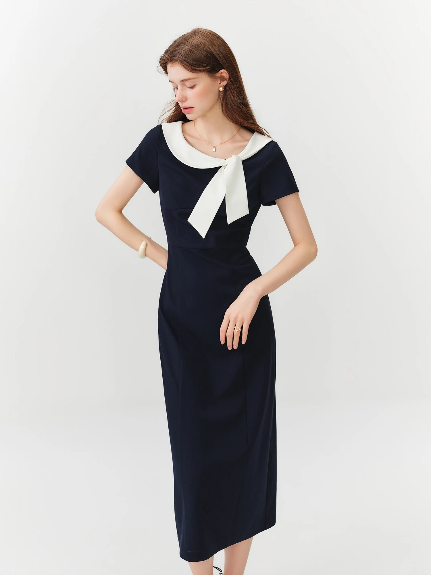 FSLE【L'amour Series】Women Sailor Collar Contrast Bow Belt Midi Dress Waist-Cinching V-Neck French Coquette Chic Elegant Style