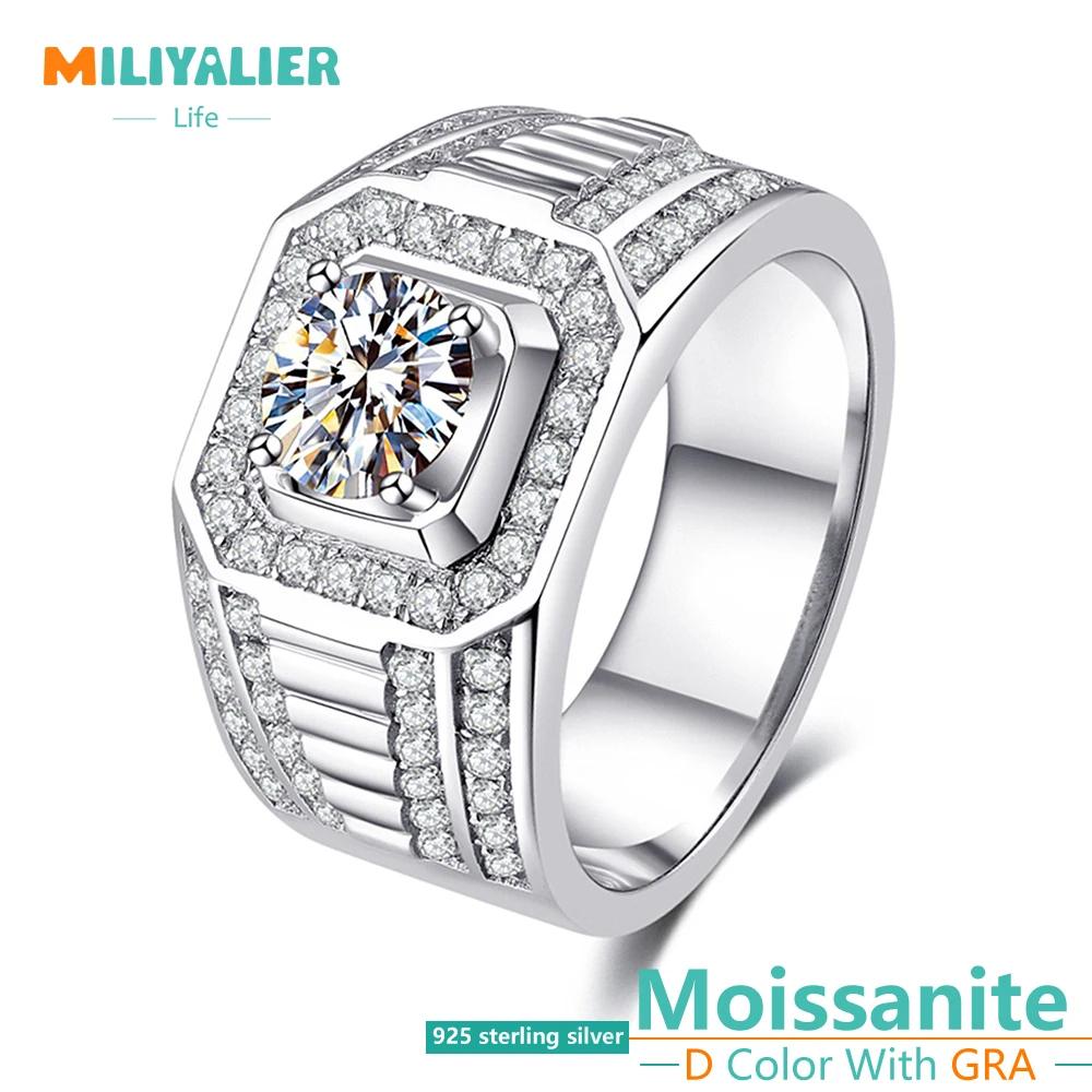 MILIYALIER S925 Sterling Silver 1ct VVS1 Moissanite Wedding Ring for Men Brilliant Diamonds Engagement Fashion GRA Jewelry Gift