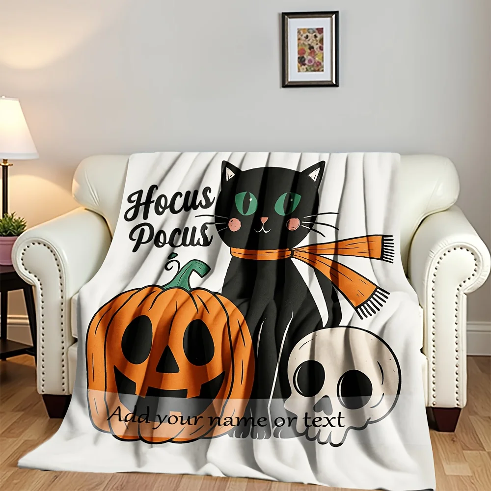 Customizable Halloween Black Cat Pumpkin Skull Blanket - Soft Flannel, Perfect for Bed, Sofa, Camping, Car