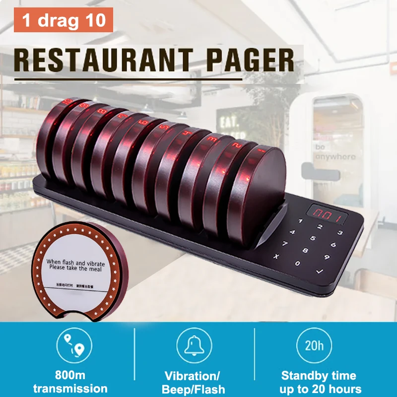 

Restaurant Pager Guest Paging Wireless Calling System 10 Vibrator Coaster Buzzer Beeper Receivers For Coffee Food Truck Bar