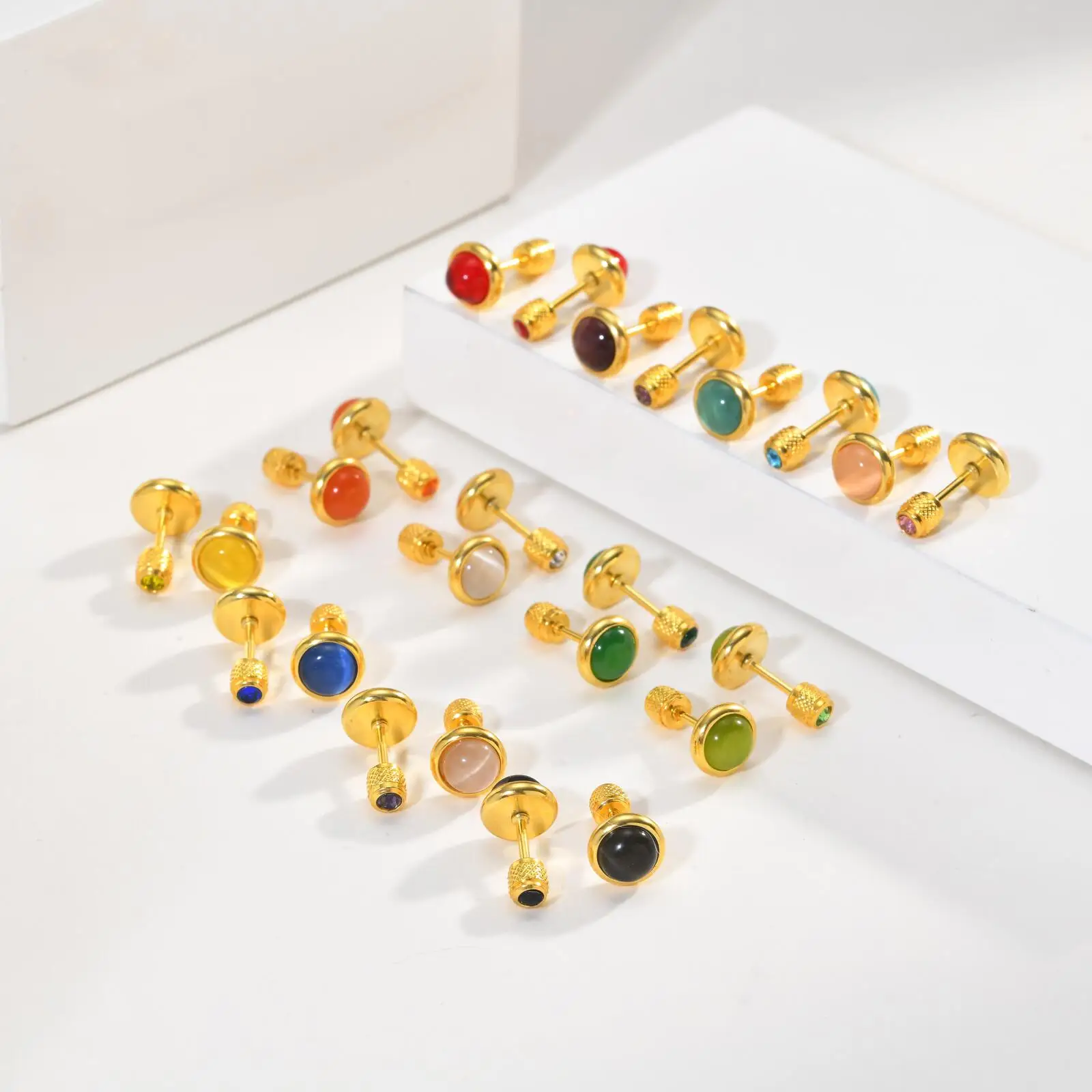 Birthstone Stud Earring for Women,18k Gold Plated Stainless Steel Cat Eye Stone Flat Back, Dainty Everyday Jewelry
