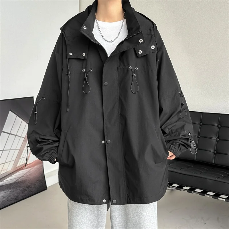 

Spring Autumn Men's Drawstring Waterproof Loose Hooded Jackets Streetwear Unisex Solid Oversized Coats Outdoor Tops Windbreaker