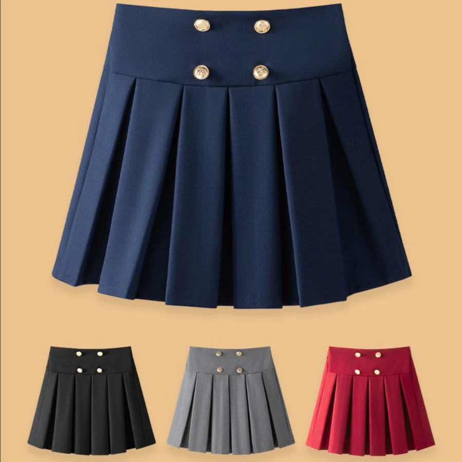 Girls Navy Pleated Skirt Double-Breasted Gold Buttons TR Fabric Wrinkle Resistant Front Flat Back Elastic Waist School Uniform