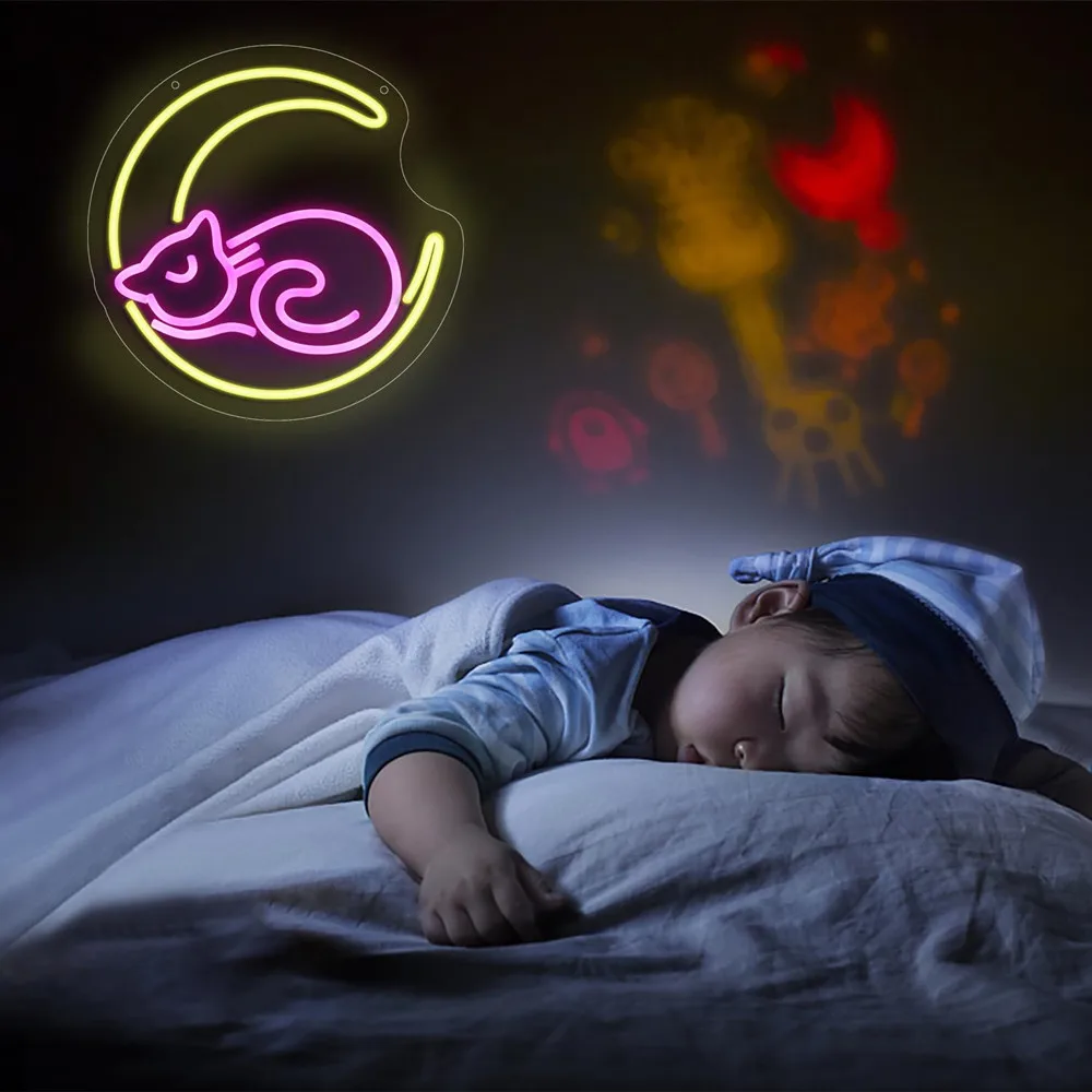 Moon and Cat Neon Sign Magic Cat Moon Light Sign Anime Neon Sign Art Wall Decor Lights for Girls Room USB Powered Led Neon Sign
