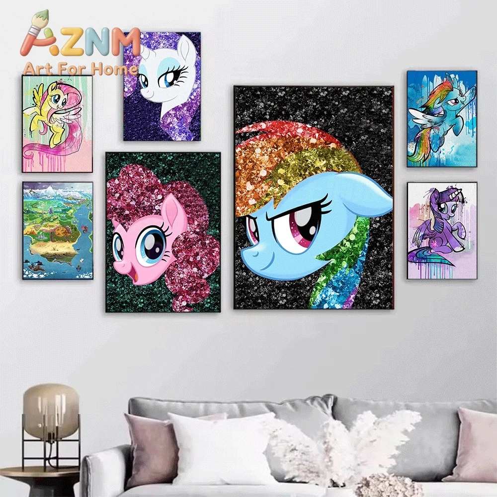 Glitter Texture My Little Pony Canvas Painting Unframed Sparkly Cartoon Pony Character Wall Art Poster for Girls Bedroom Inter