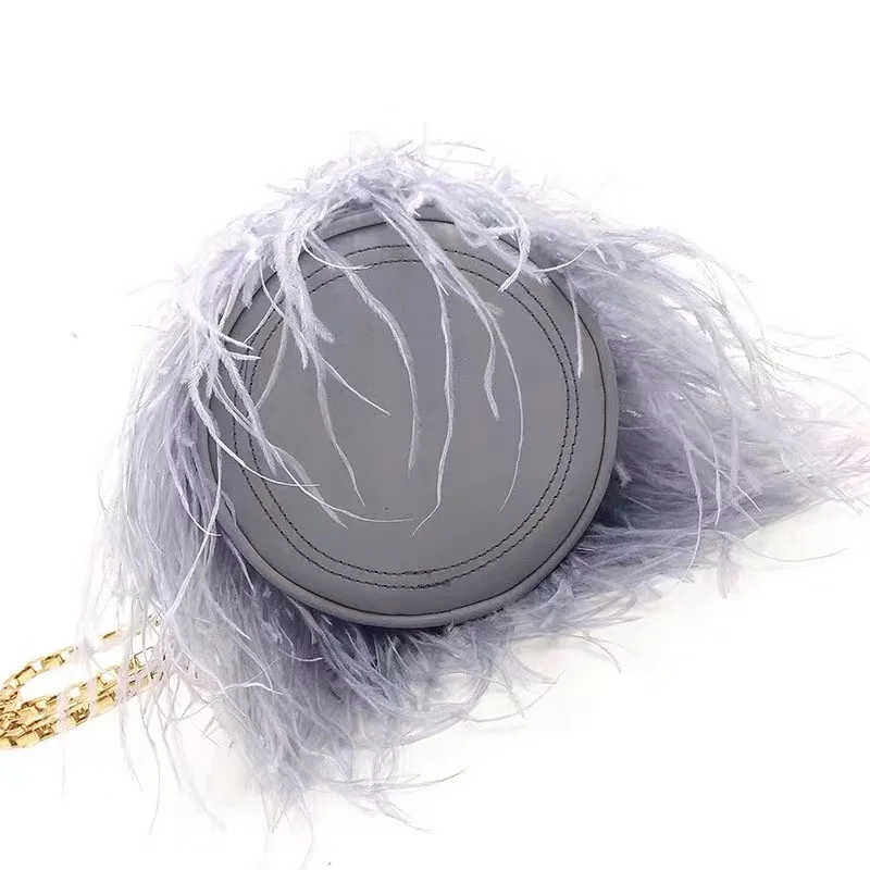 Metal Ring Handle Bucket Bag Women\'s Handbag Luxury Fashion Ostrich Feather Evening Bag Wedding Party Clutch Purse Shoulder Bag