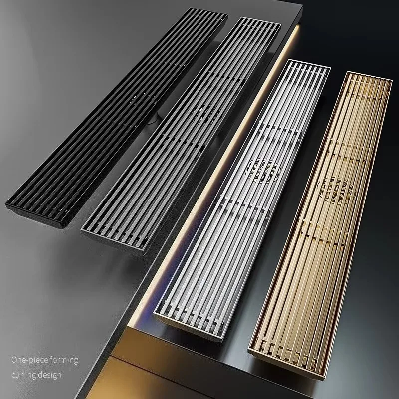 Rectangular 304 Stainless Steel Shower Floor Drain, Gold Finish, Large Drainage Capacity, Anti-Odor for Bathroom Hotel