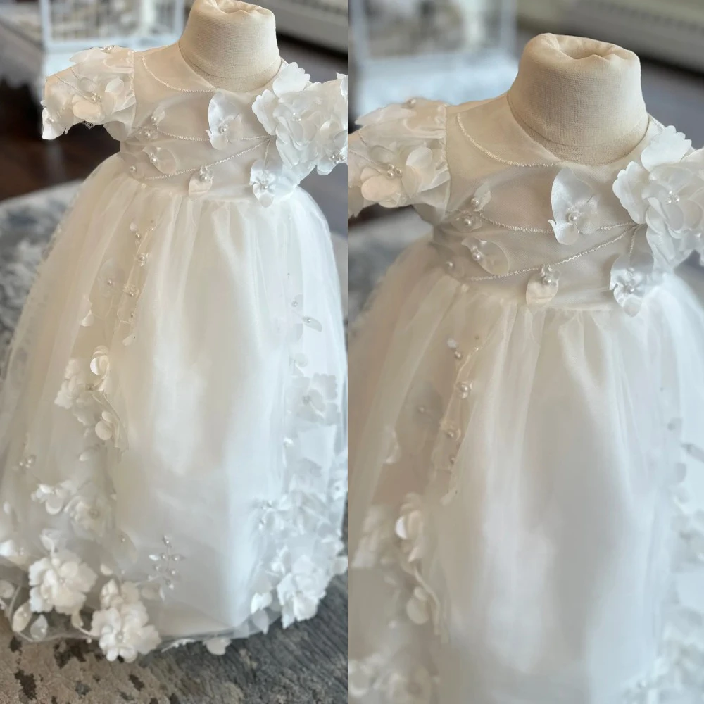Custom Dreamy Baby Christening Dress Handmade 3D Flower Decor Beaded Pearls Baptism Gown Infant  Christening Bonnet Set